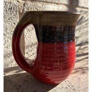 Glazed Pottery Coffee Mug Cup Thick Hand Warmer Handle Red Brown Earthy 16oz